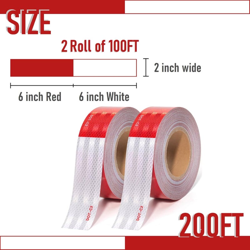 THKULKME DOT-C2 Reflective Tape 2 Inch X 200 Feet Red White Reflector Adhesive Conspicuity Outdoor Waterproof Tape for Trailers, Trucks, Vehicles, Driveway, Boats, Signs (200 FT) - Image 2